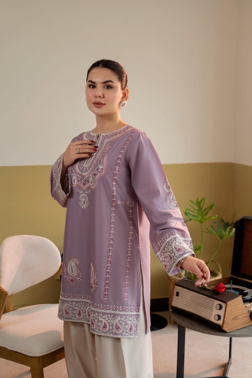 Elegant Lilac Embroidered Cotton Lawn Stitched Kurta