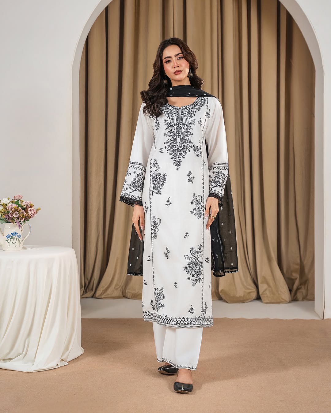 Pearl White Stitched Embroidered Cotton 3-Piece Suit
