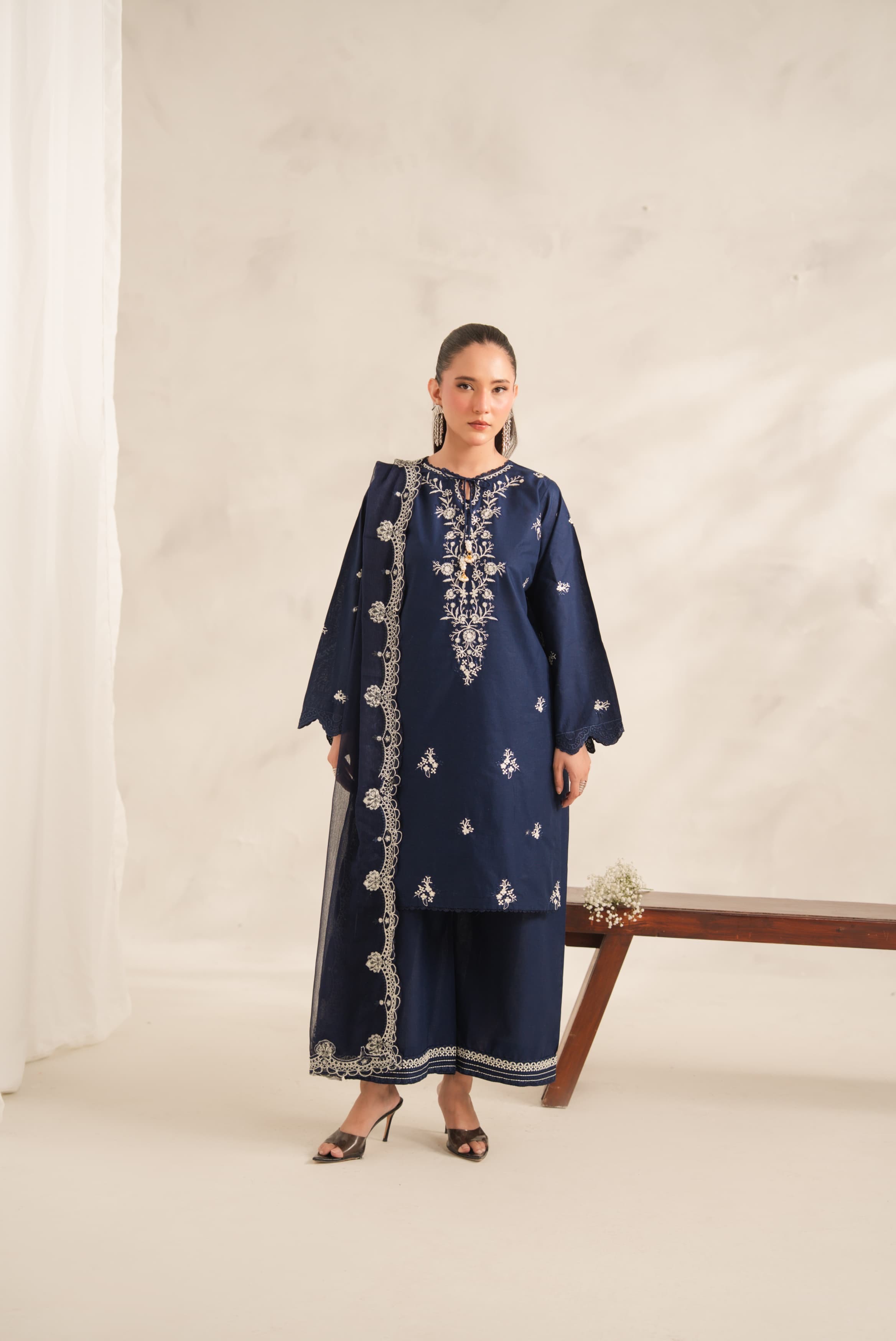 Midnight Blue Embroidered 3-Piece Stitched Cotton Suit