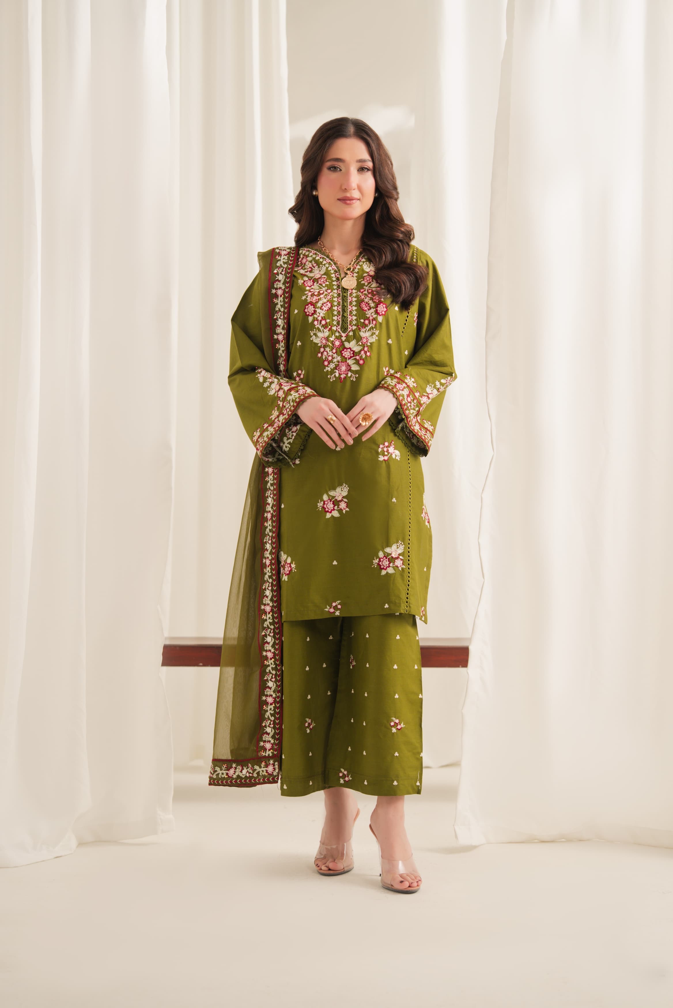Olive Green Embroidered Lawn 3-Piece Stitched Suit