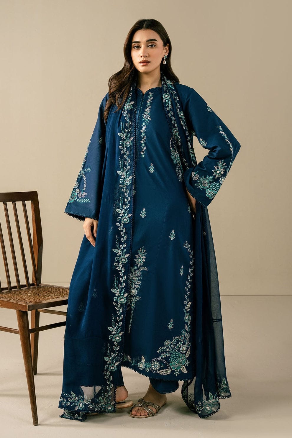 Teal Blue Floral Embroidered Stitched cotton Lawn 3-Piece Suit