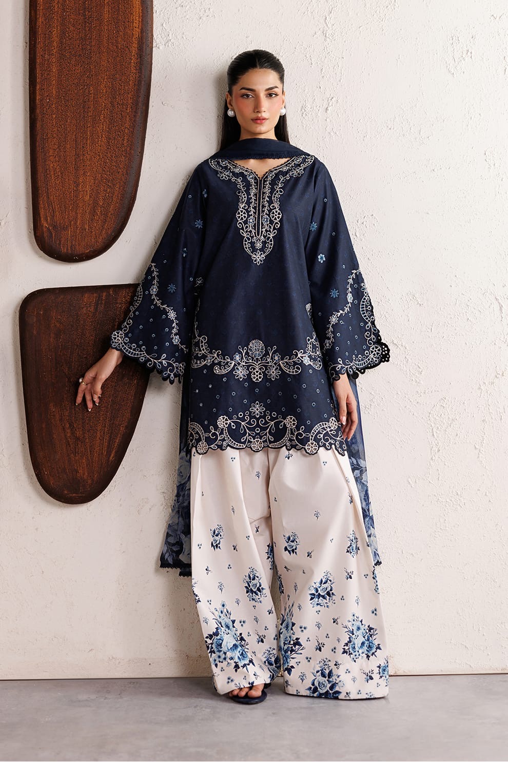 Elegant Navy Blue Embroidered cotton Lawn 3-Piece Stitched Suit