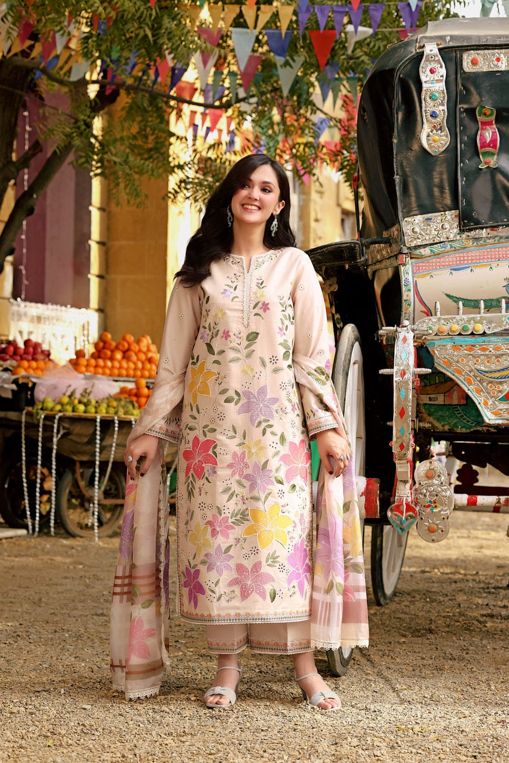 Sand Beige Floral Embroidered stitched cotton Lawn 3-Piece Suit