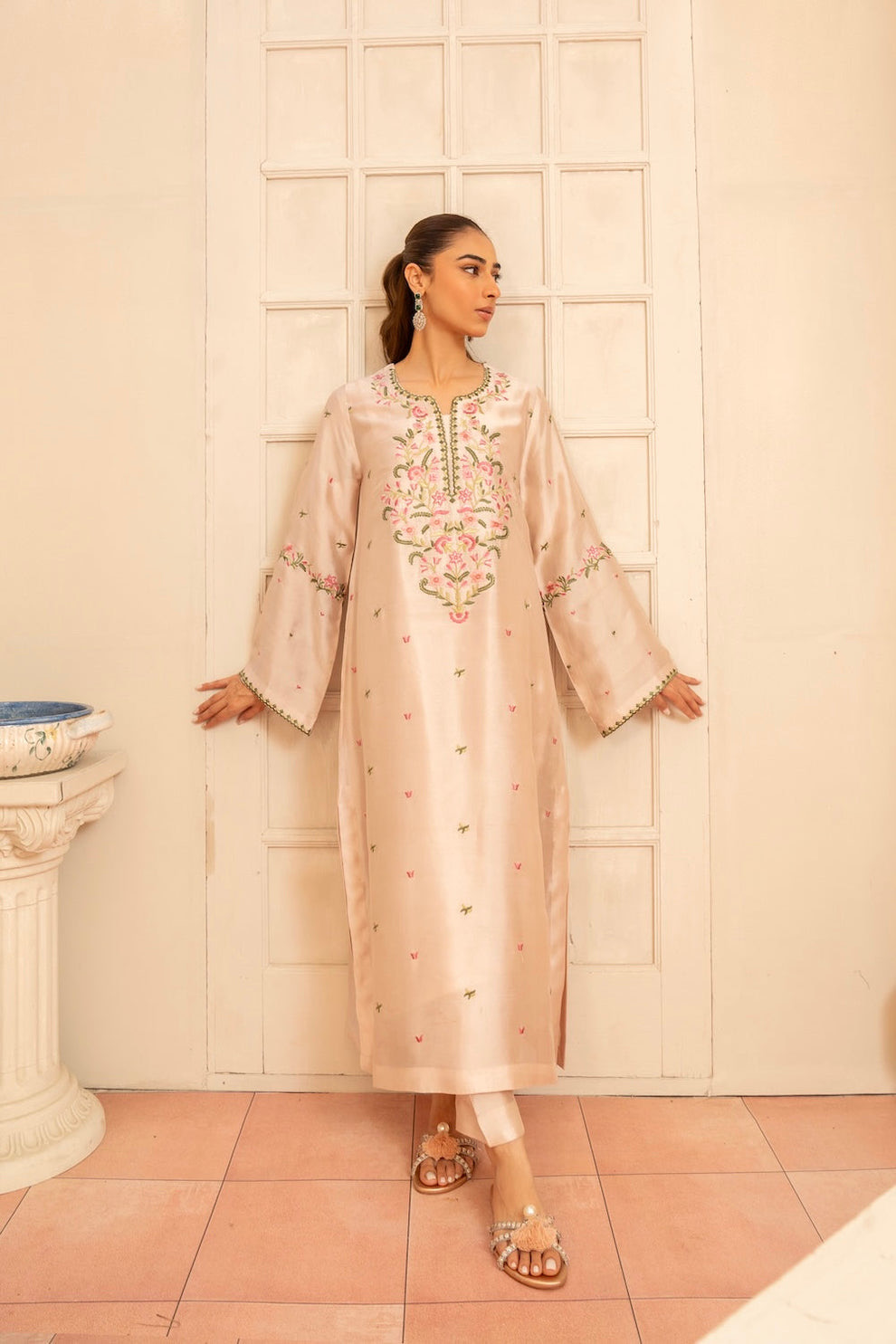 Elegant Champagne Pink Embroidered Silk 3-Piece Stitched Suit