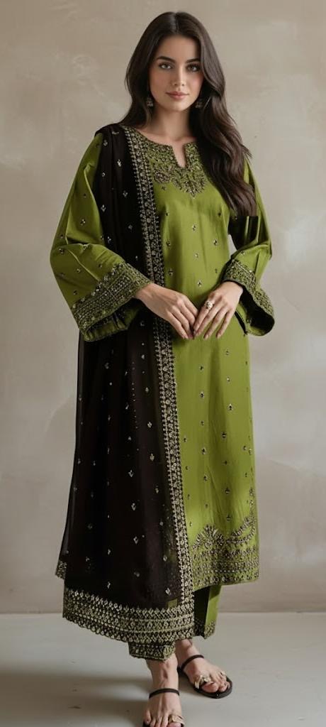 Elegant Olive Green Embroidered cotton lawn Stitched 3-Piece