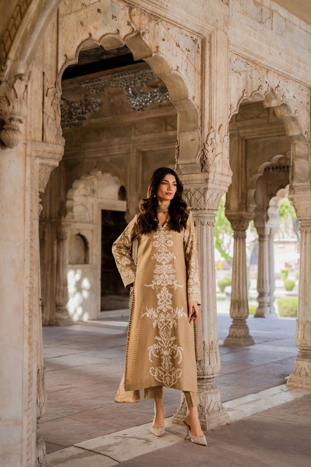 Elegant Camel Gold Embroidered 3-Piece unstitched silk Suit