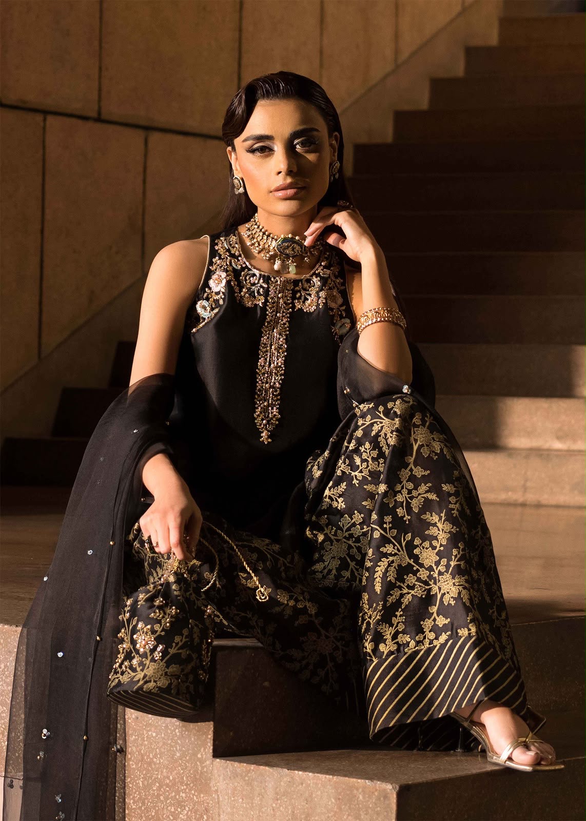 Midnight Black Embroidered Silk 3-Piece unstitched Formal Suit