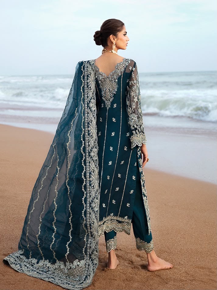 Deep Teal Silver Embroidered Chiffon Formal 3-Piece unstitched Suit
