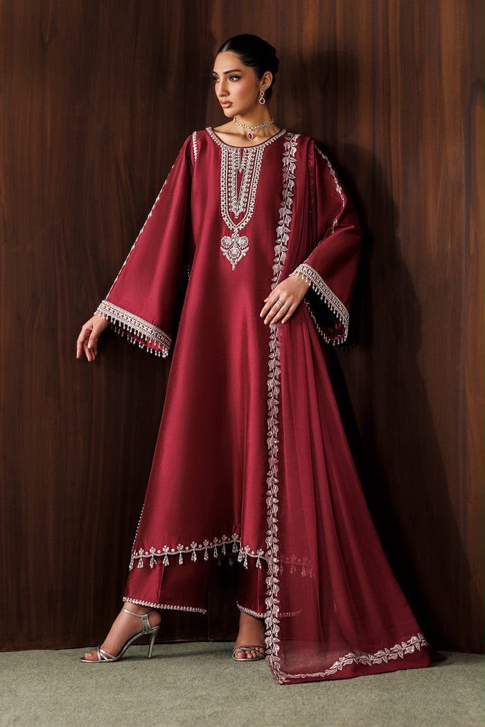 Elegant Deep Maroon Embroidered chiffon with MALAI trouser 3-Piece unstitched Suit