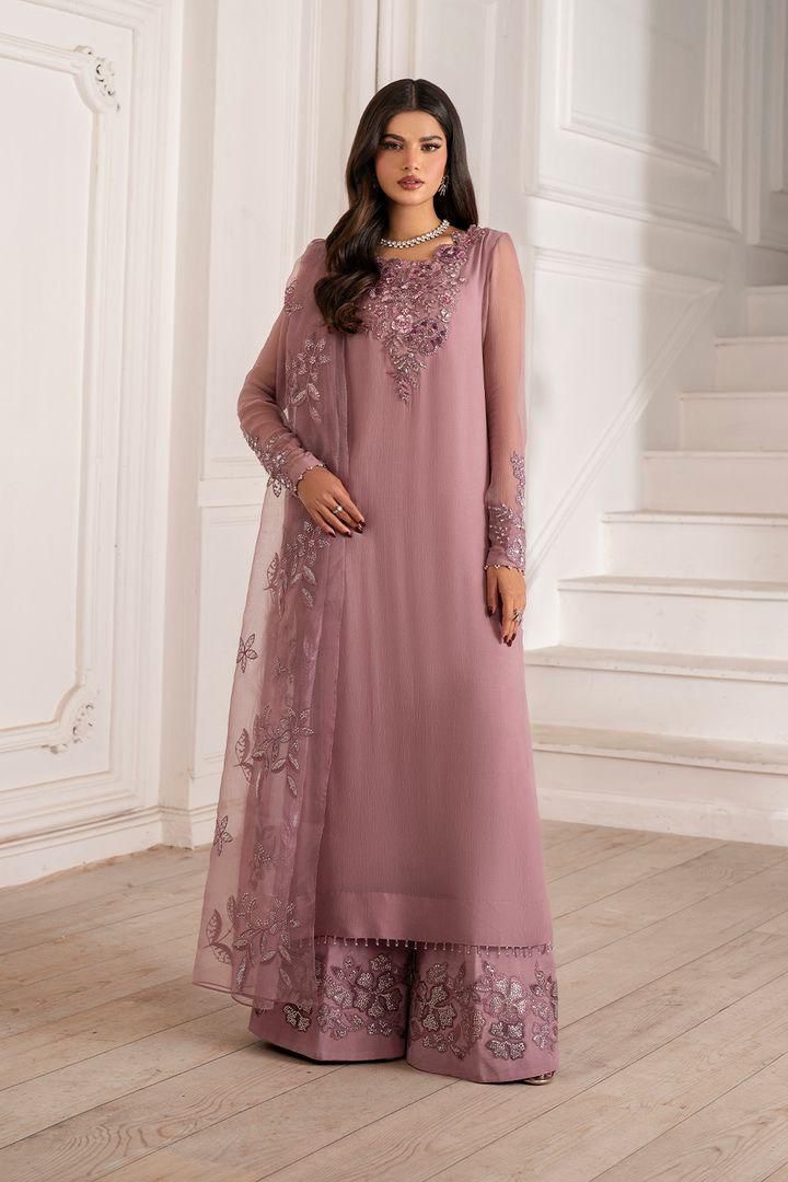 Elegant Dusty Rose Embroidered Chiffon organza malai unstitched 3-Piece Formal Suit