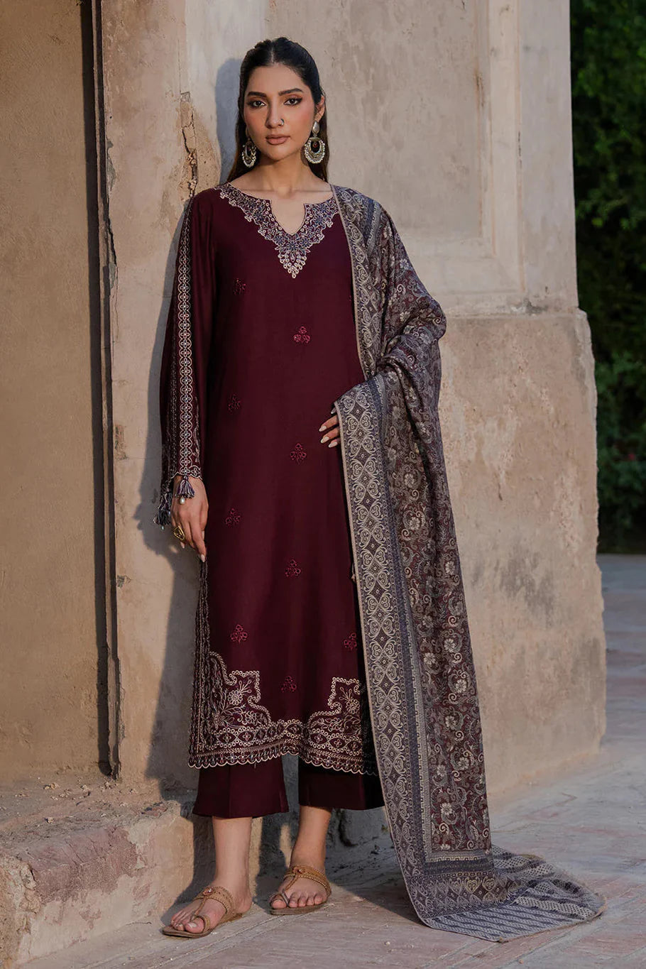 Royal Burgundy Embroidered DHANAK 3-Piece unstitched Suit