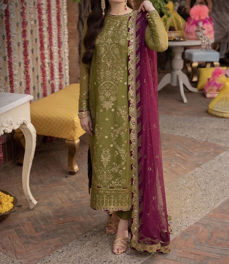 Regal Olive Green Embroidered Chiffon unstitched 3-Piece Formal Suit