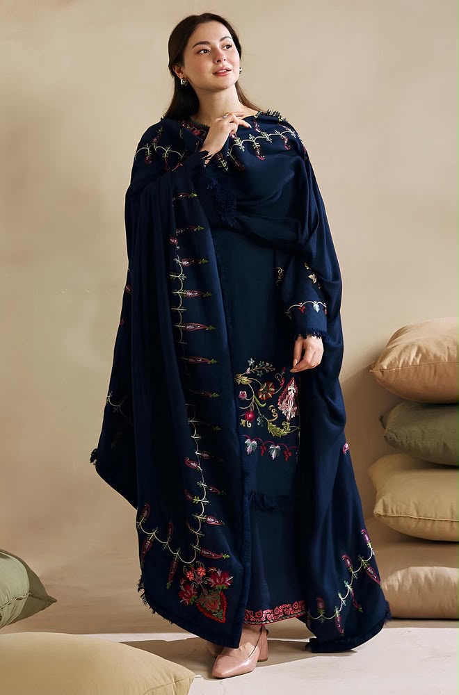 Midnight Navy Embroidered DHANAK 3-Piece Unstitched Suit