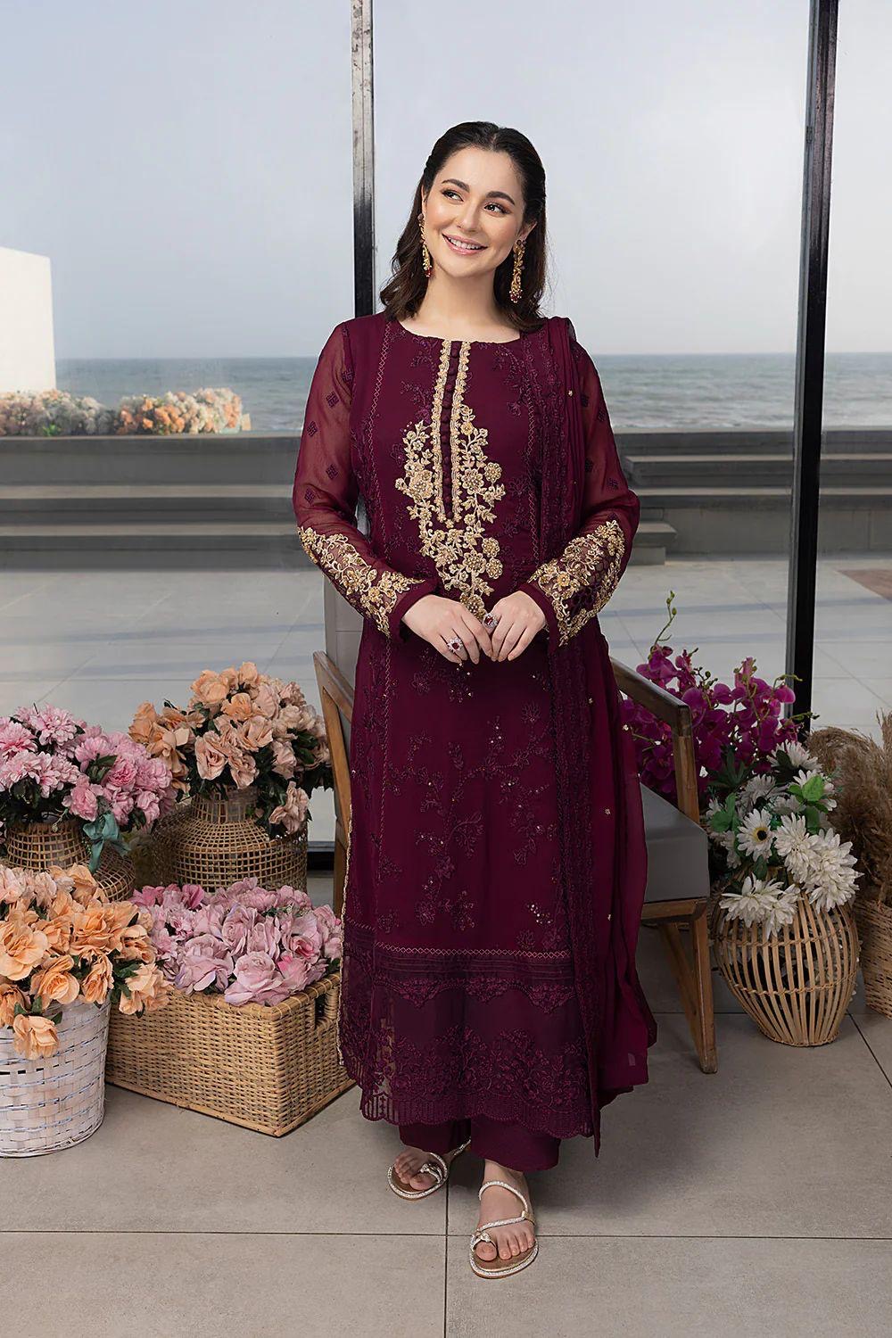 Royal Plum Embroidered Chiffon unstitched 3-Piece Suite