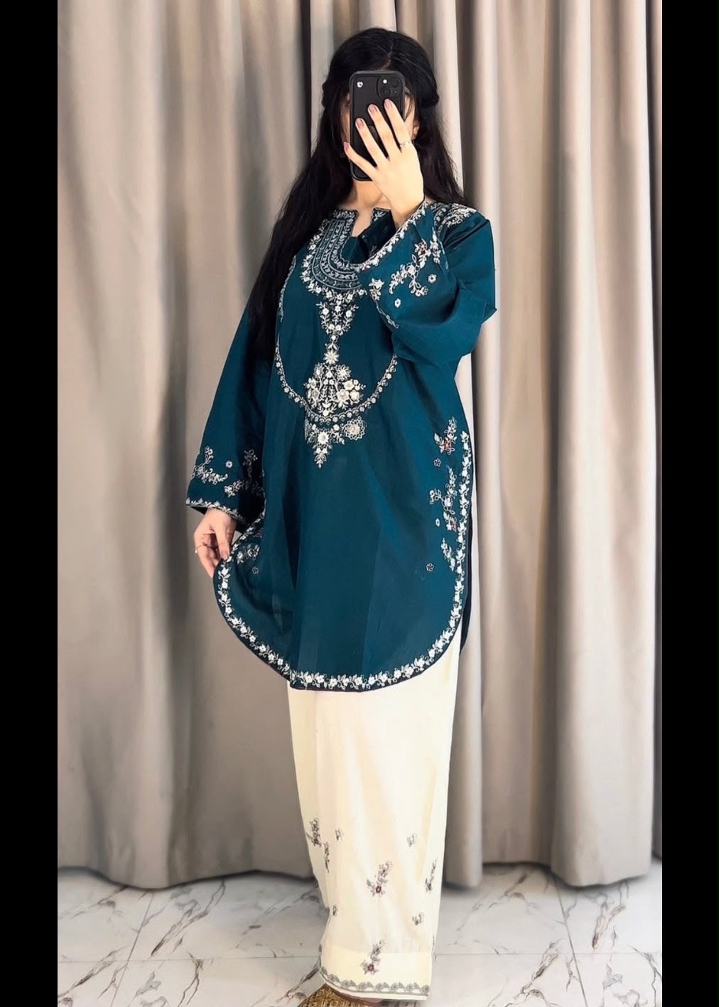 Teal Elegance Embroidered unstitched shamoz silk 2-Piece Suit