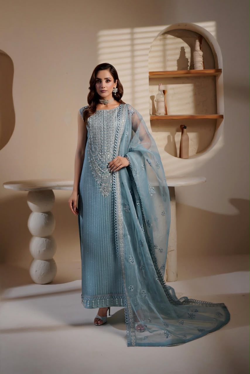 Dusty Blue Heavily Embroidered organza 3-Piece Formal Suit