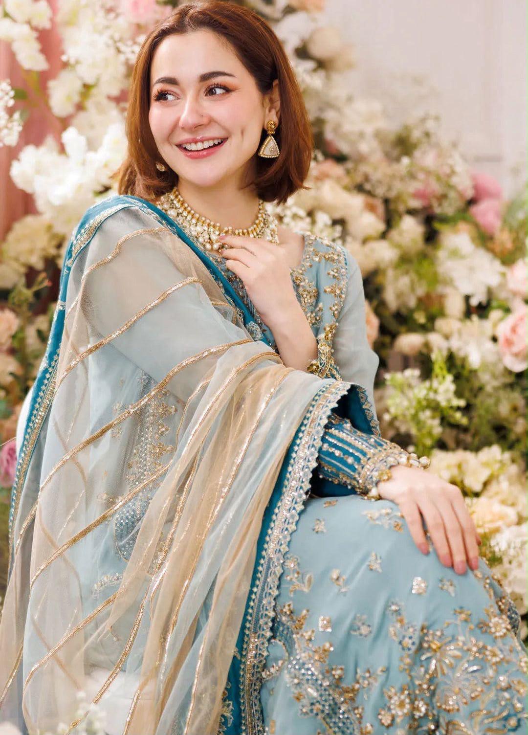Sky Blue Heavily Embroidered Chiffon 3-Piece Formal Suit