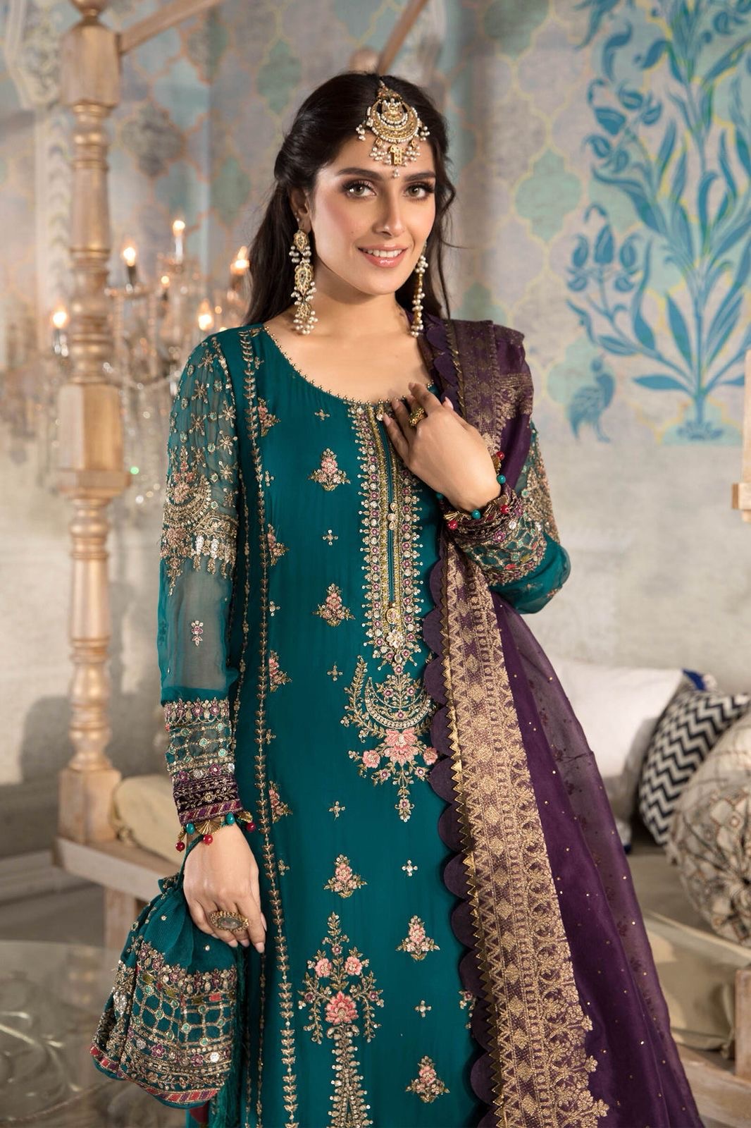 Elegant Teal Embroidered Chiffon 3-Piece Formal Suit