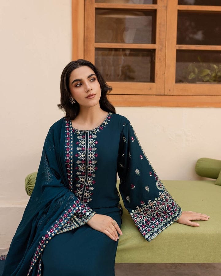 Elegant Petrol Blue Embroidered DHANAK 3-Piece Suit