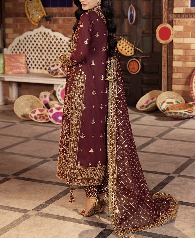 Elegant Maroon Embroidered CHIFFON 3-Piece Formal Suit