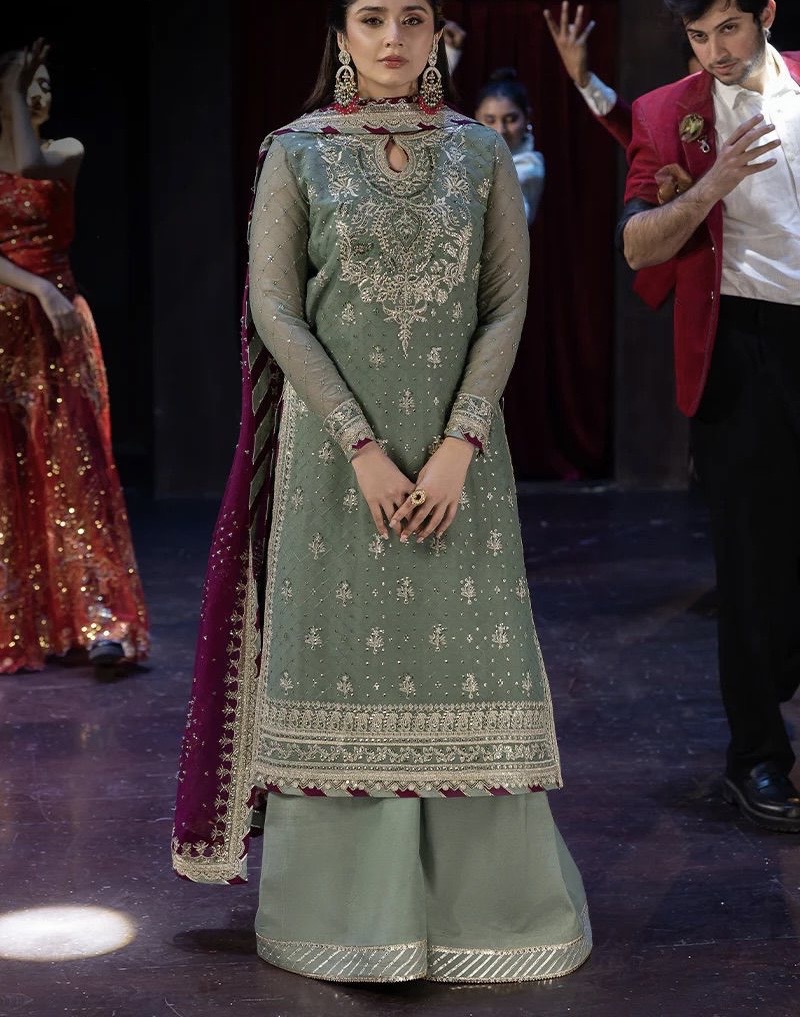 Elegant Sage Green Embroidered Chiffon 3-Piece Stitched Suit
