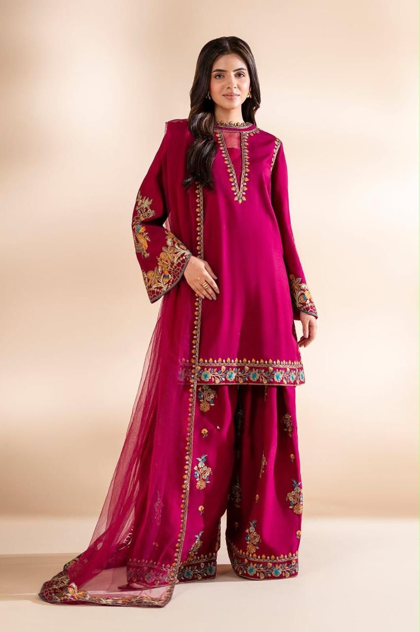Royal Magenta Embroidered Charizma Silk 3-Piece Stitched Suit