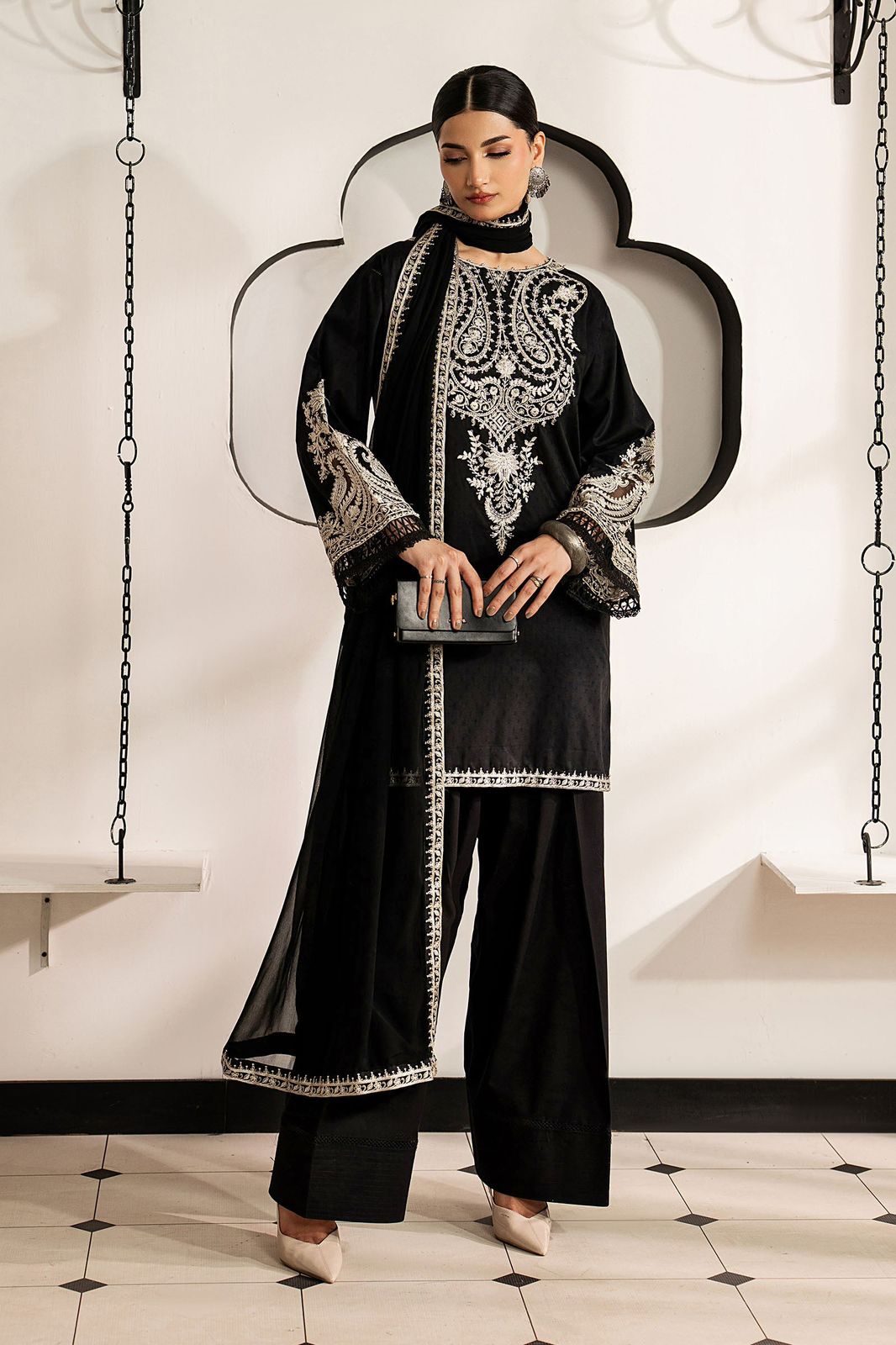 Midnight Elegance Embroidered Airjet Dhanak 3-Piece Stitched Suit