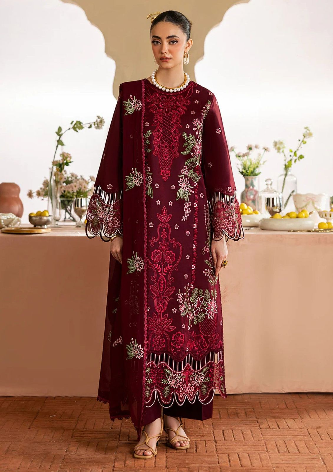 Elegant Deep Maroon Embroidered Airjet Dhanak 3-Piece Suit
