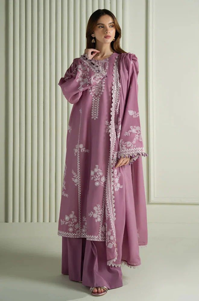 Elegant Mauve Embroidered Dhanak 3-Piece unstitched Suit