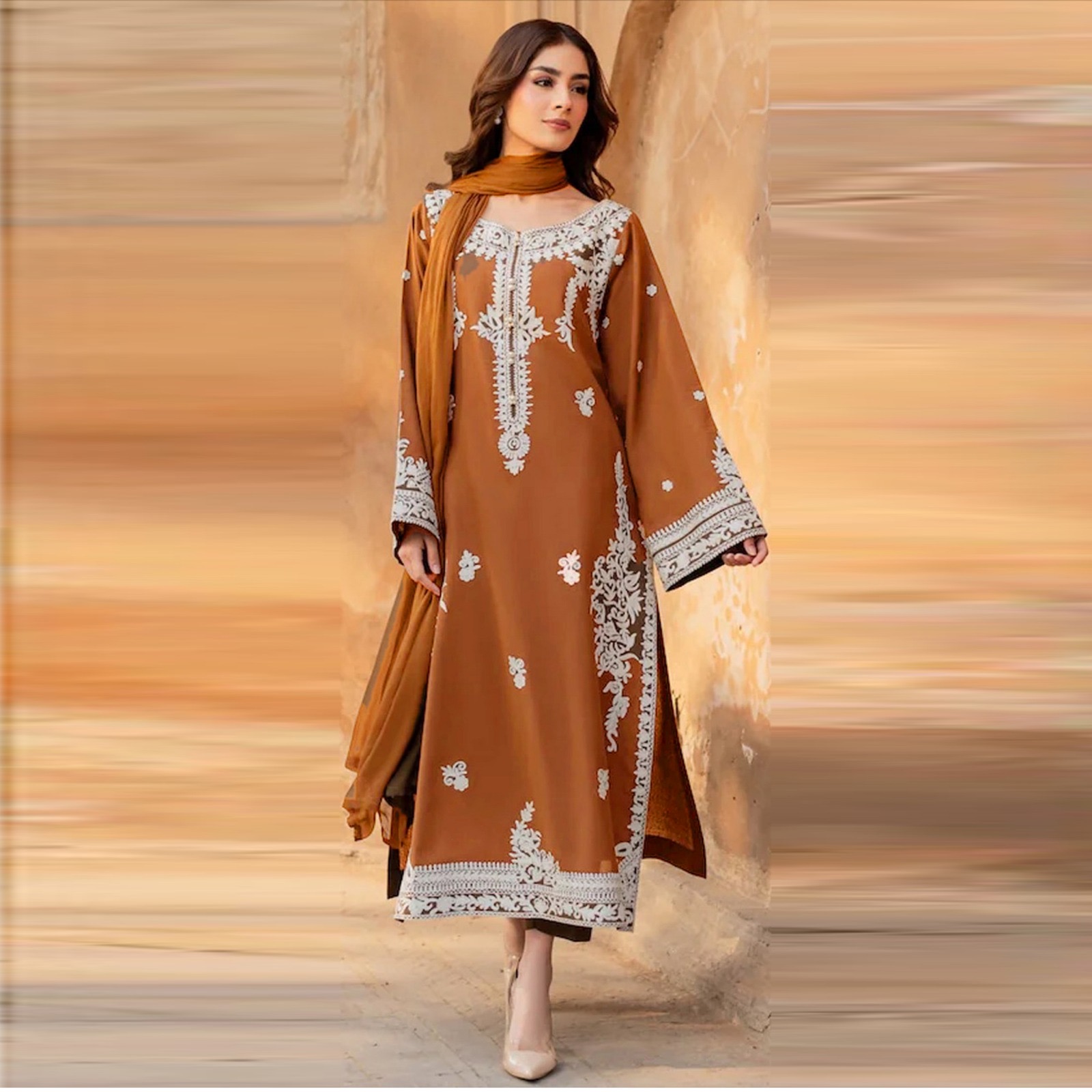 Elegant Burnt Orange Embroidered Dhanak unstitched 3-Piece Suit