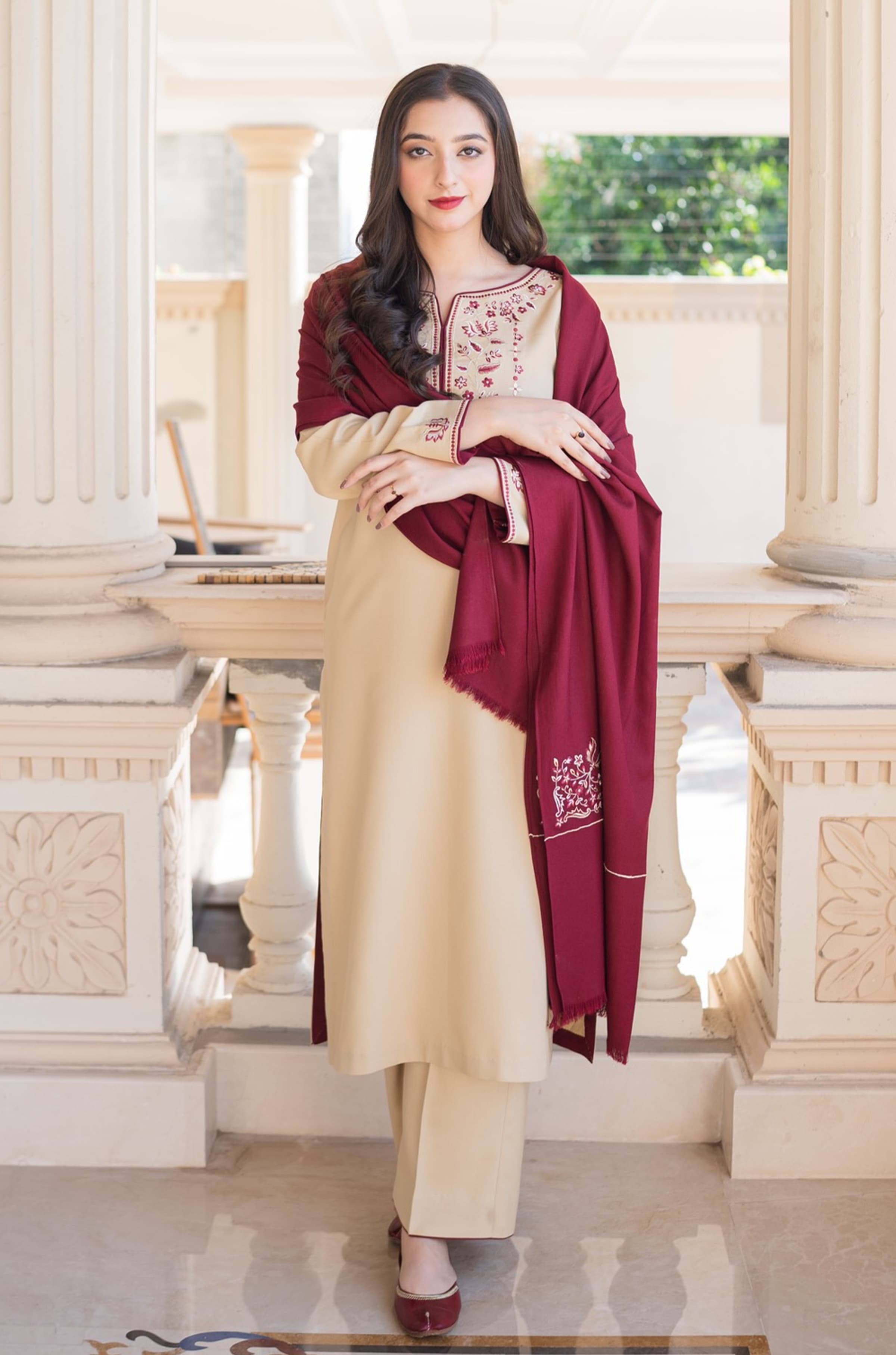 Elegant Beige and Maroon Embroidered Dhanak 3-Piece Unstitched Suit