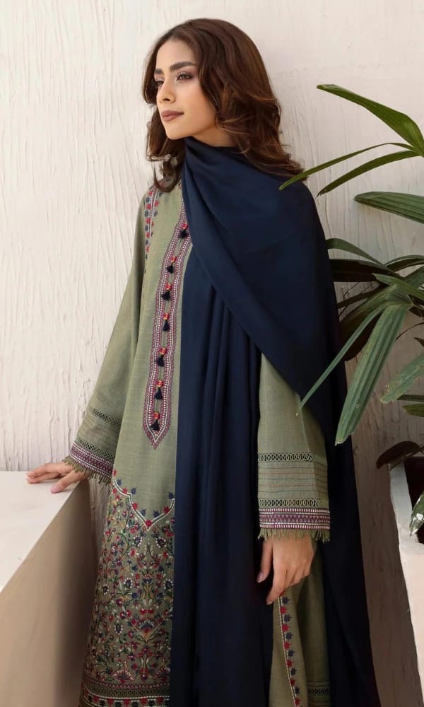 Elegant Olive Green Embroidered Unstitched Dhanak 3-Piece Suit
