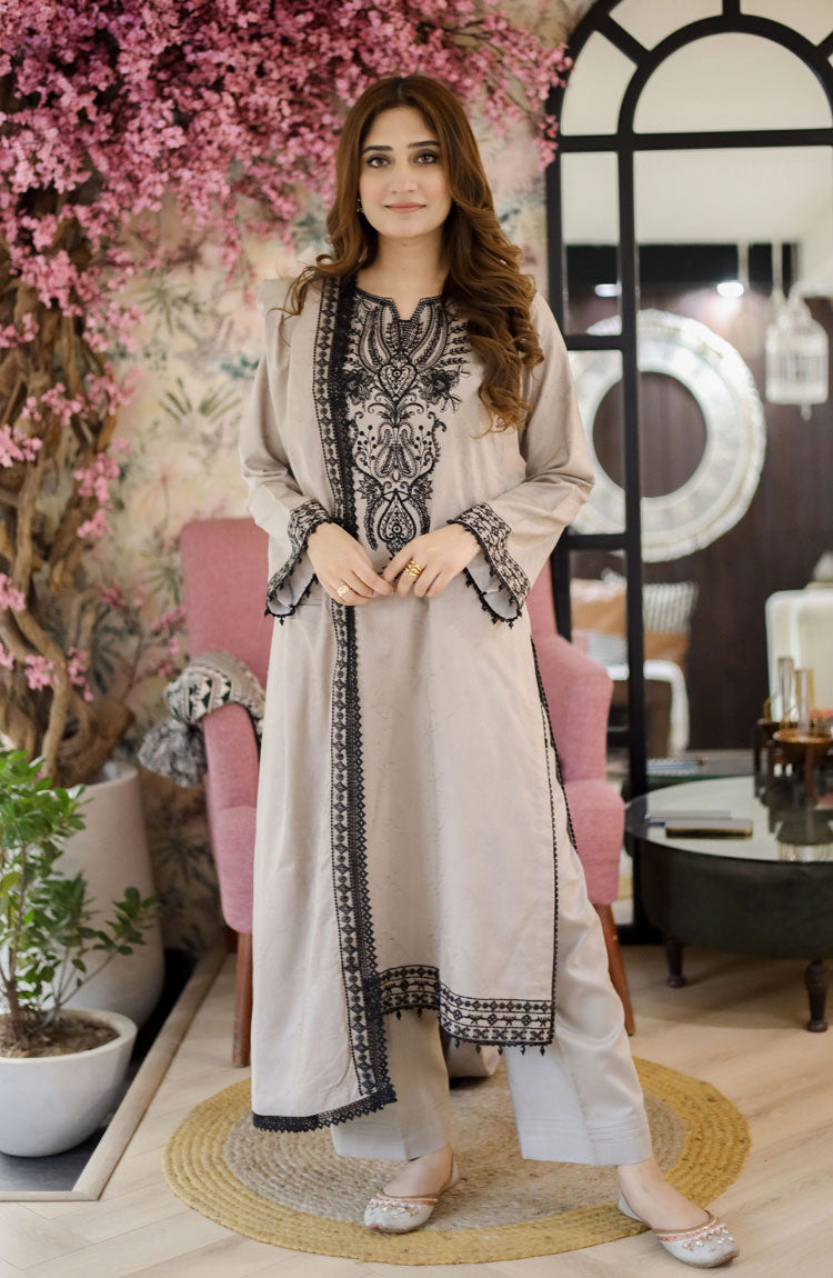 Embroidered Elegant Mushroom Beige Dhanak Unstitched Suit with Black Embroidery