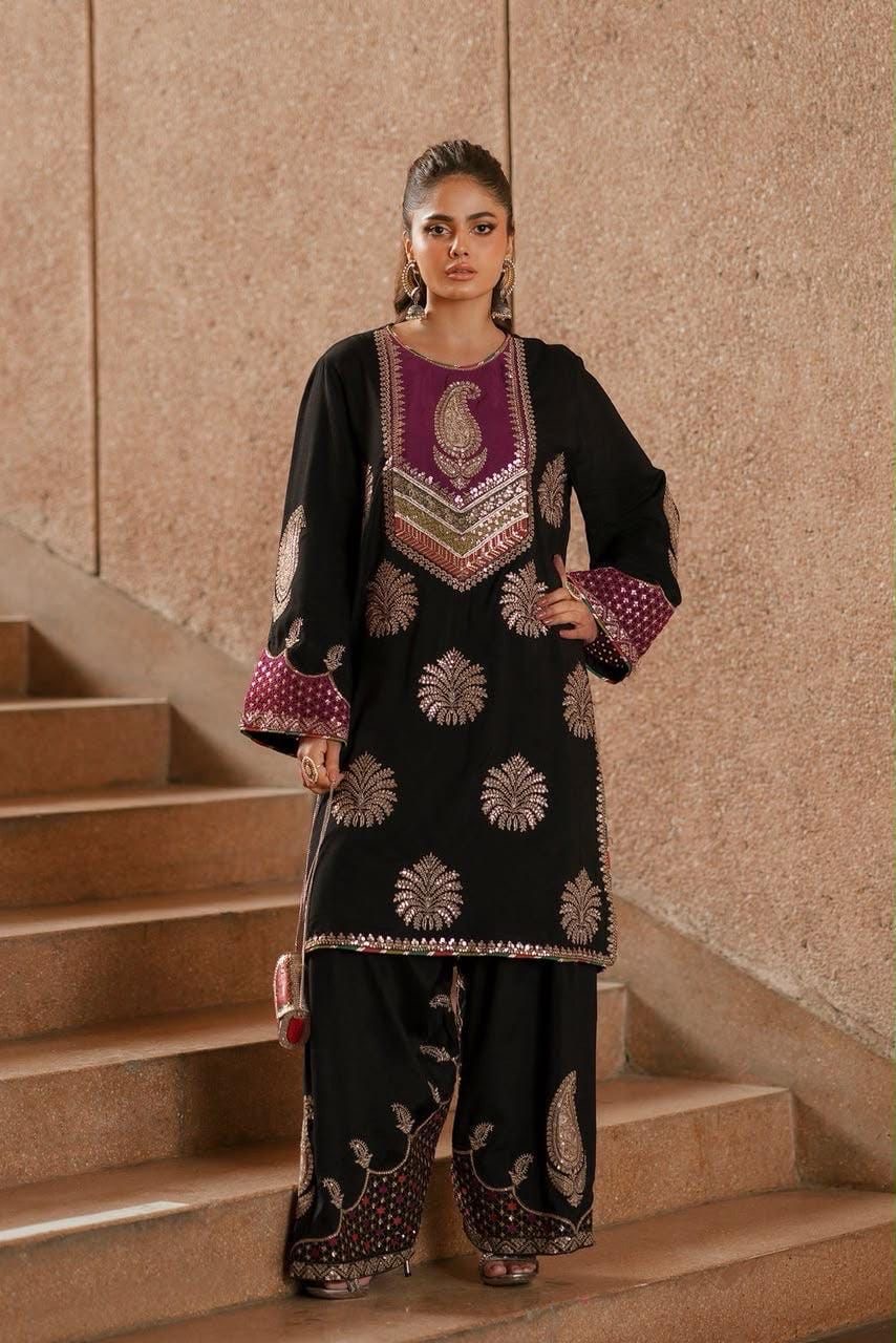 Midnight Bloom Embroidered Shamoz Silk 2-Piece Suit