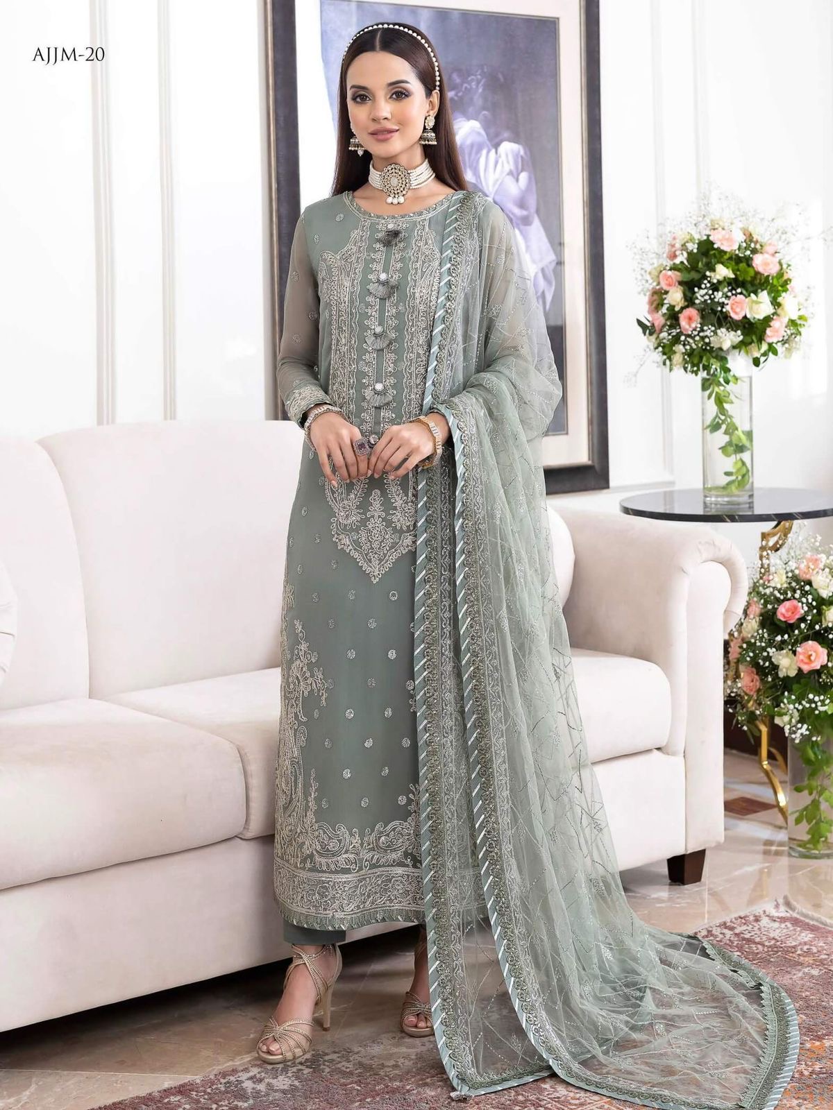 Elegant Sage Green Embroidered Chiffon Unstitched 3-Piece Suit