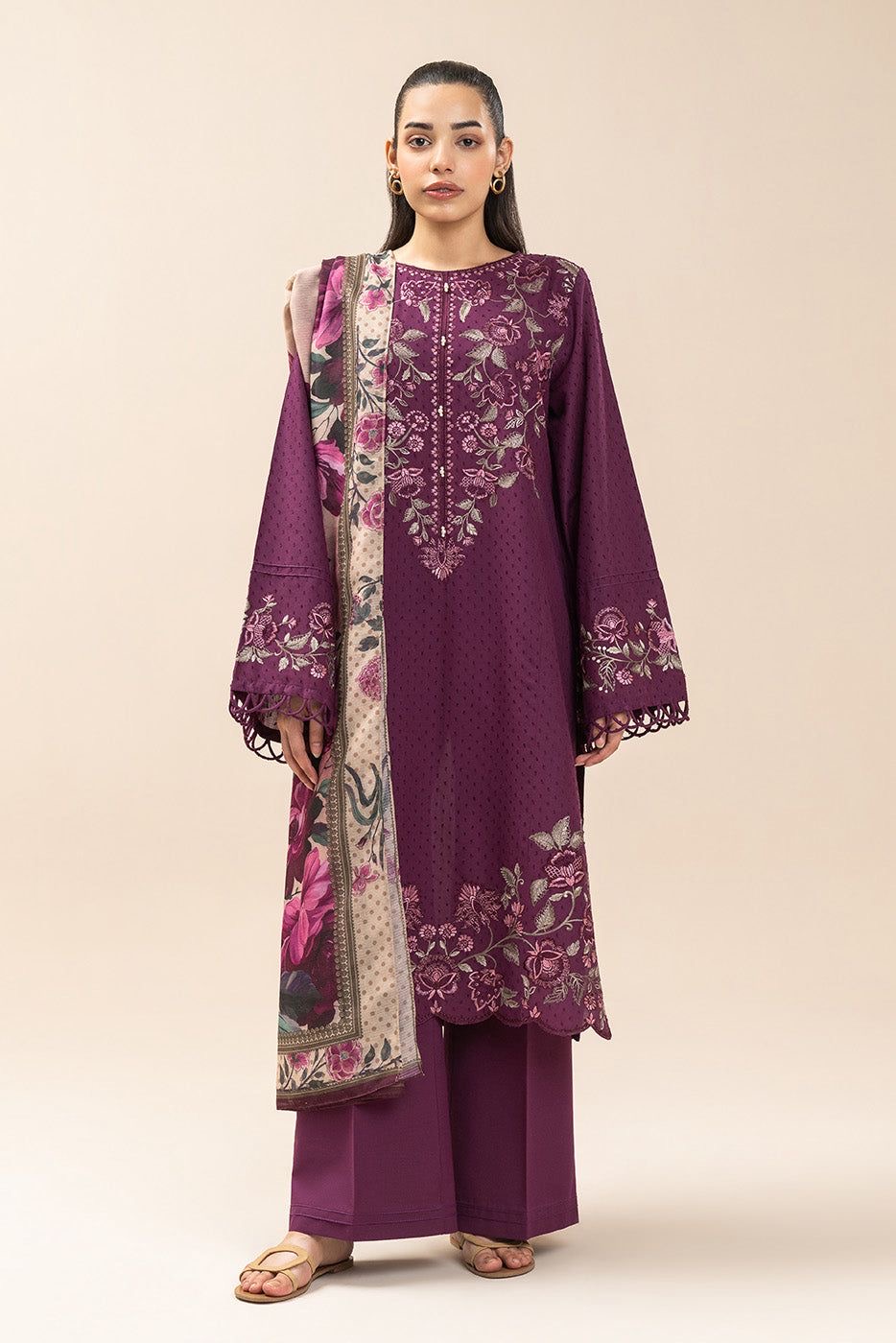 Elegant Deep Plum Embroidered Dhanak Unstitched 3-Piece Suit