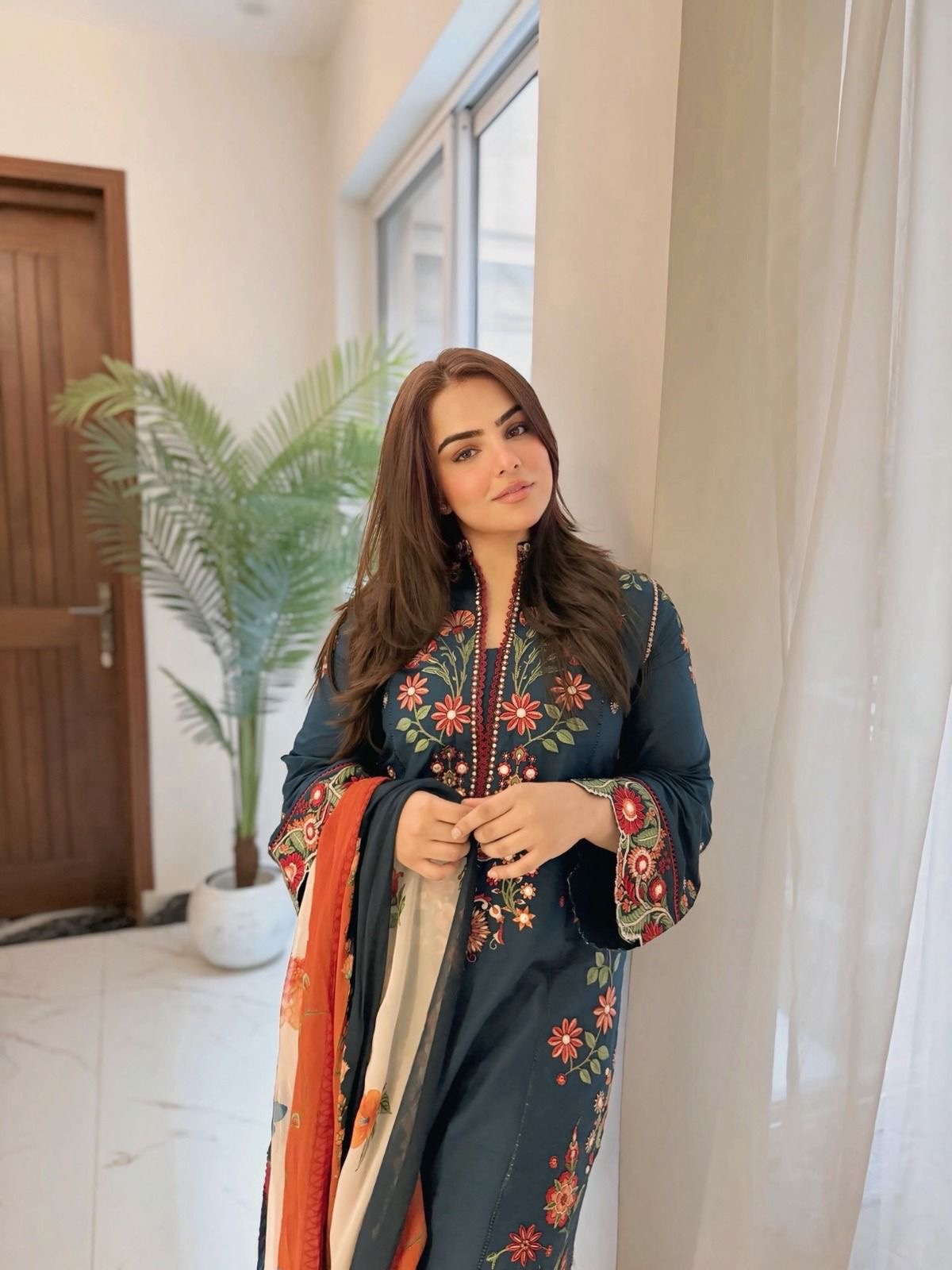 Deep Teal Embroidered Dhanak Unstitched 3-Piece Suit
