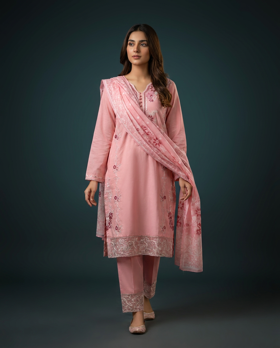 Rose Pink Embroidered Three-Piece Suit — Embroidered collection at ZR Wears