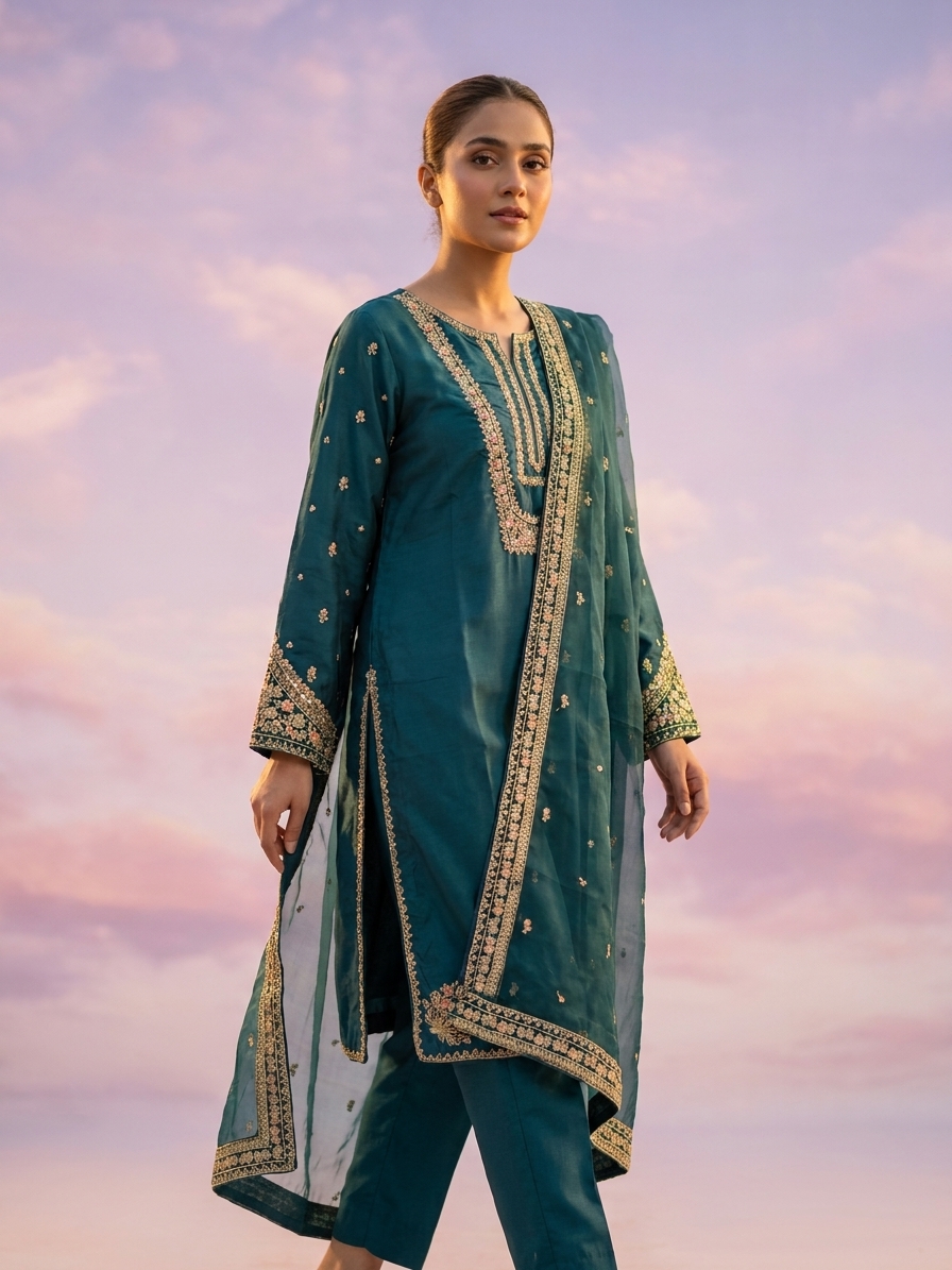 Teal Silk Embroidered 3-Piece Suit