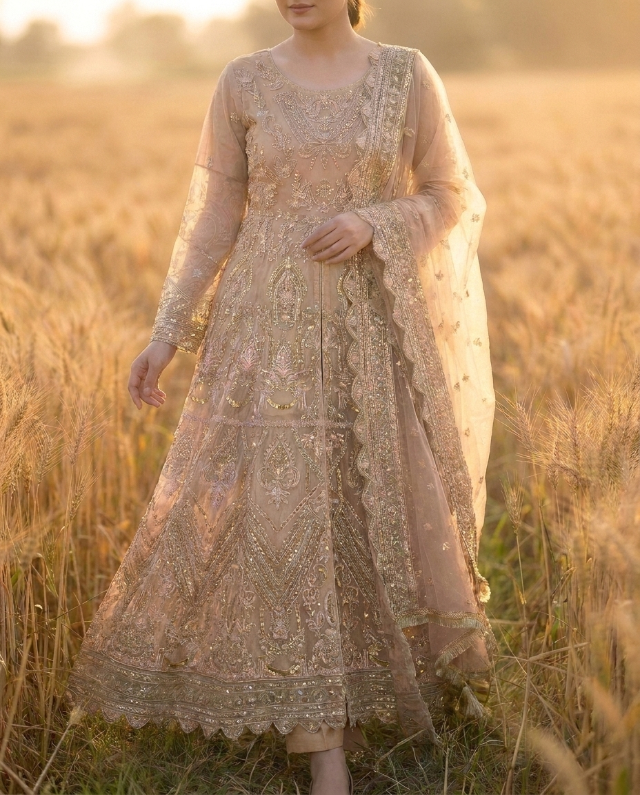 Embroidered Net Maxi with Scalloped Dupatta