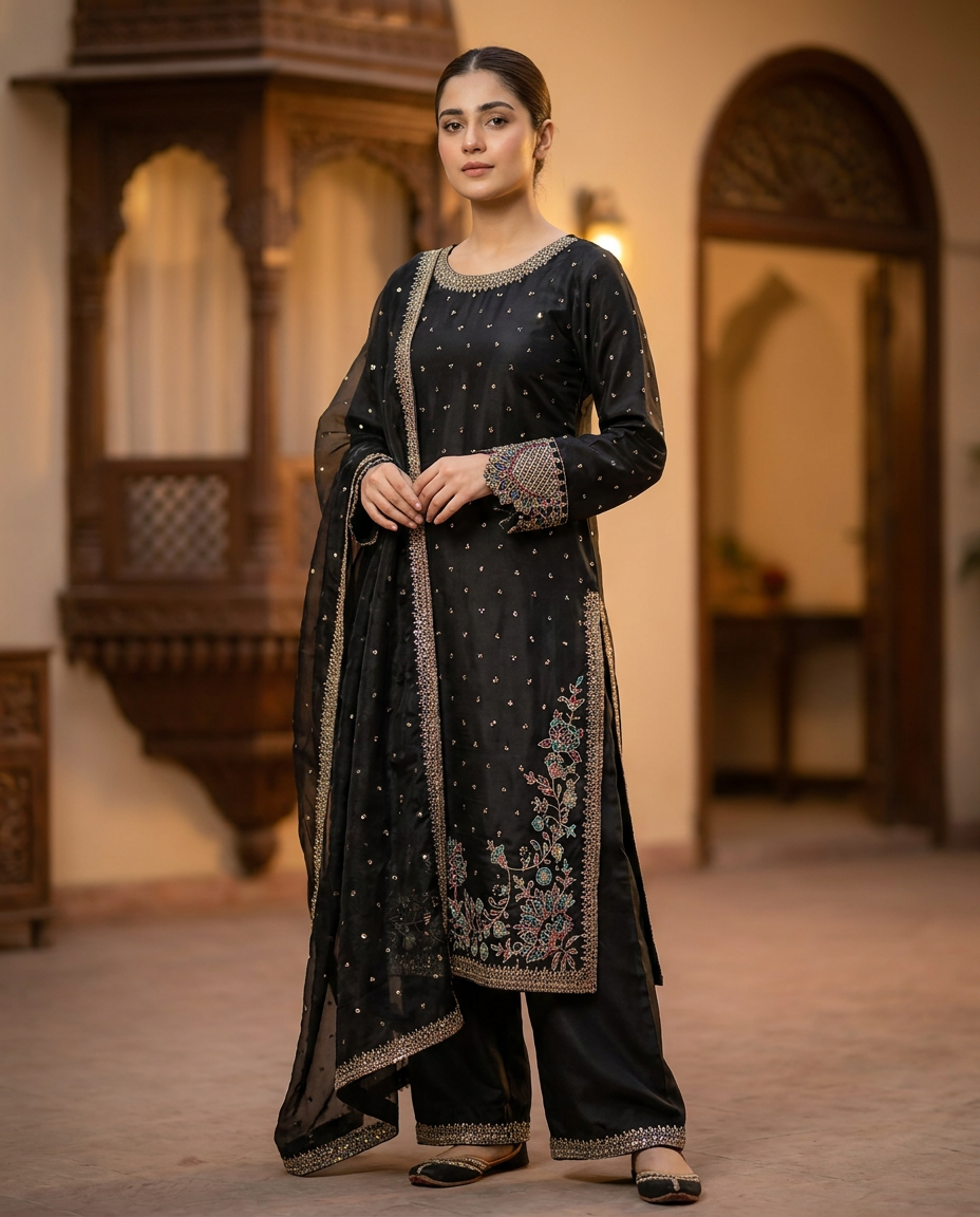 Black Embroidered Silk Ensemble — Festive collection at ZR Wears