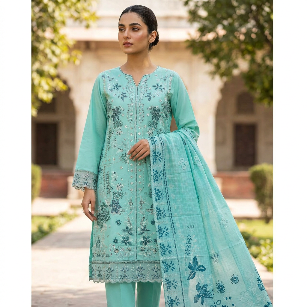 Aqua embroidered three-piece suit — Embroidered collection at ZR Wears