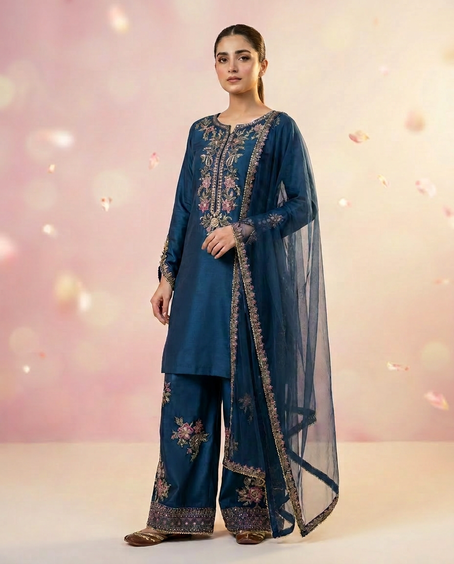 Embroidered Raw Silk Suit