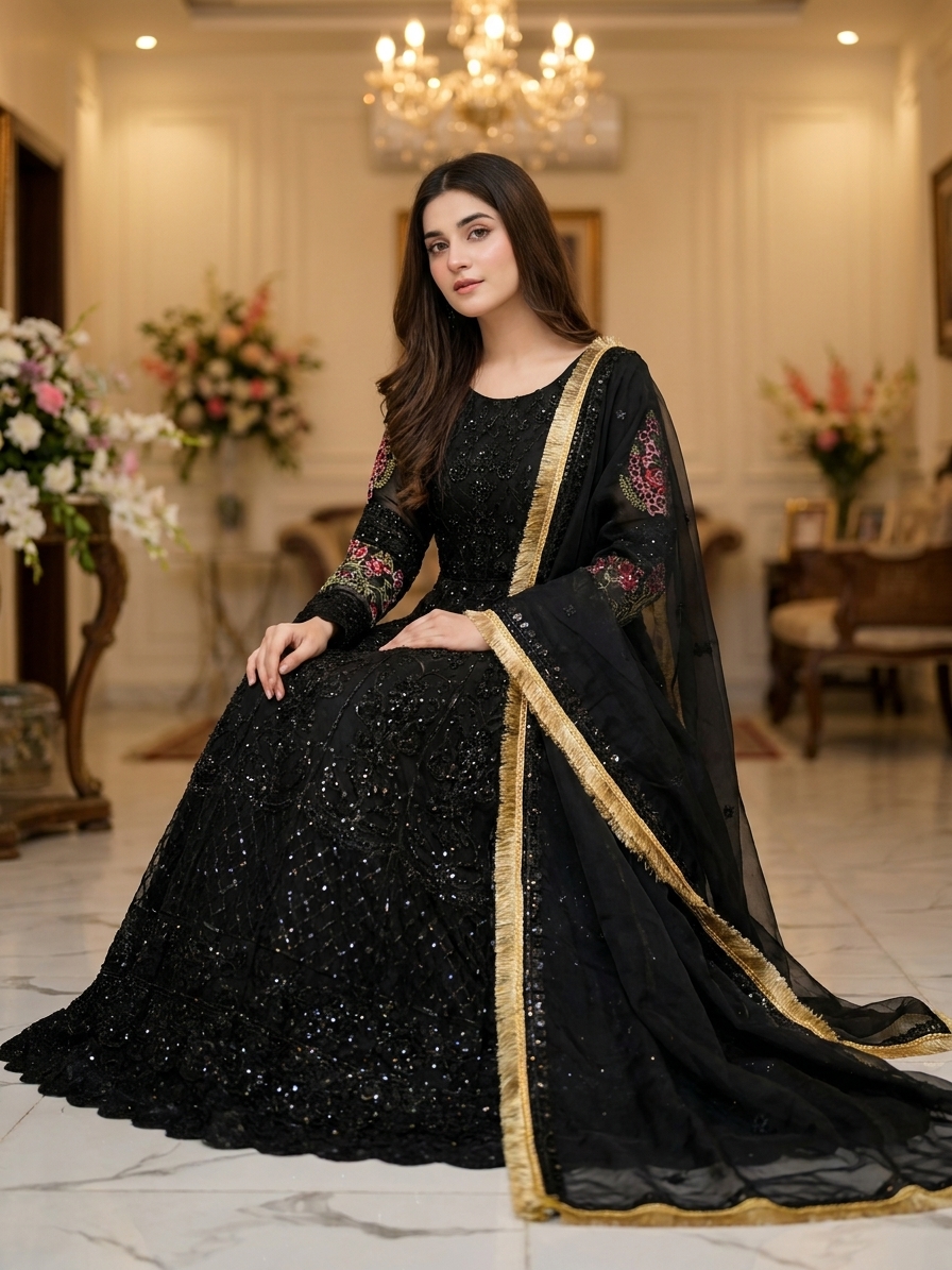 Midnight Glamour Embroidered Net Maxi