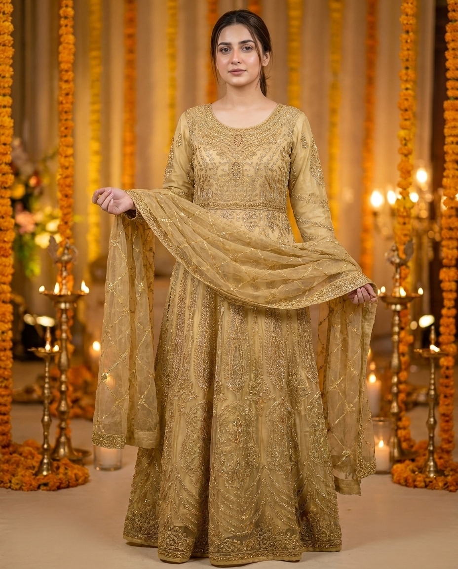 Gold Embroidered Net Festive Maxi