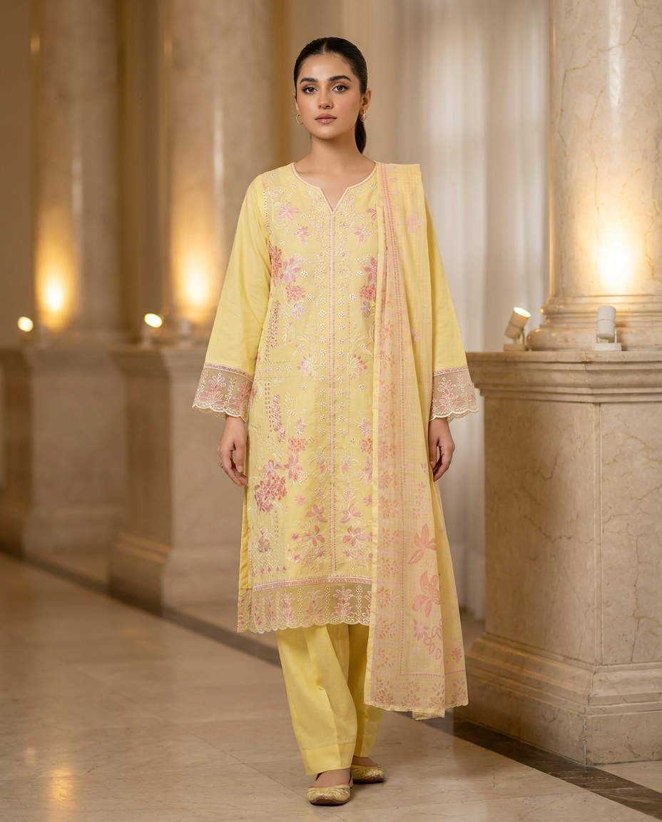 Lemon Dream Embroidered Three Piece Suit — Embroidered collection at ZR Wears