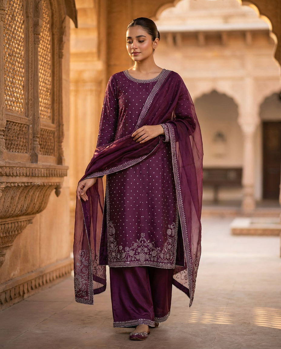 Enchanted Plum Stitched 3-Piece Three-Piece Suit — Embroidered collection at ZR Wears
