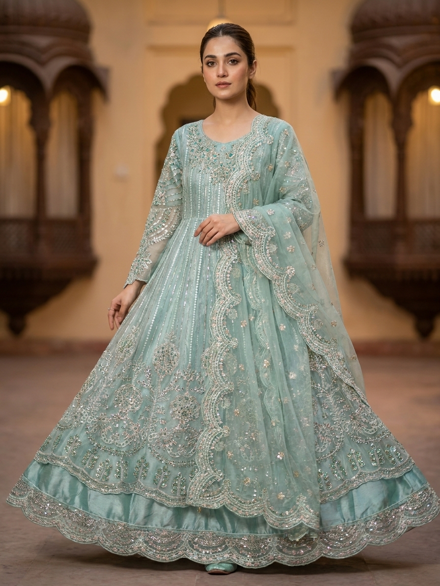 Mint Sequin Embroidered Formal Maxi