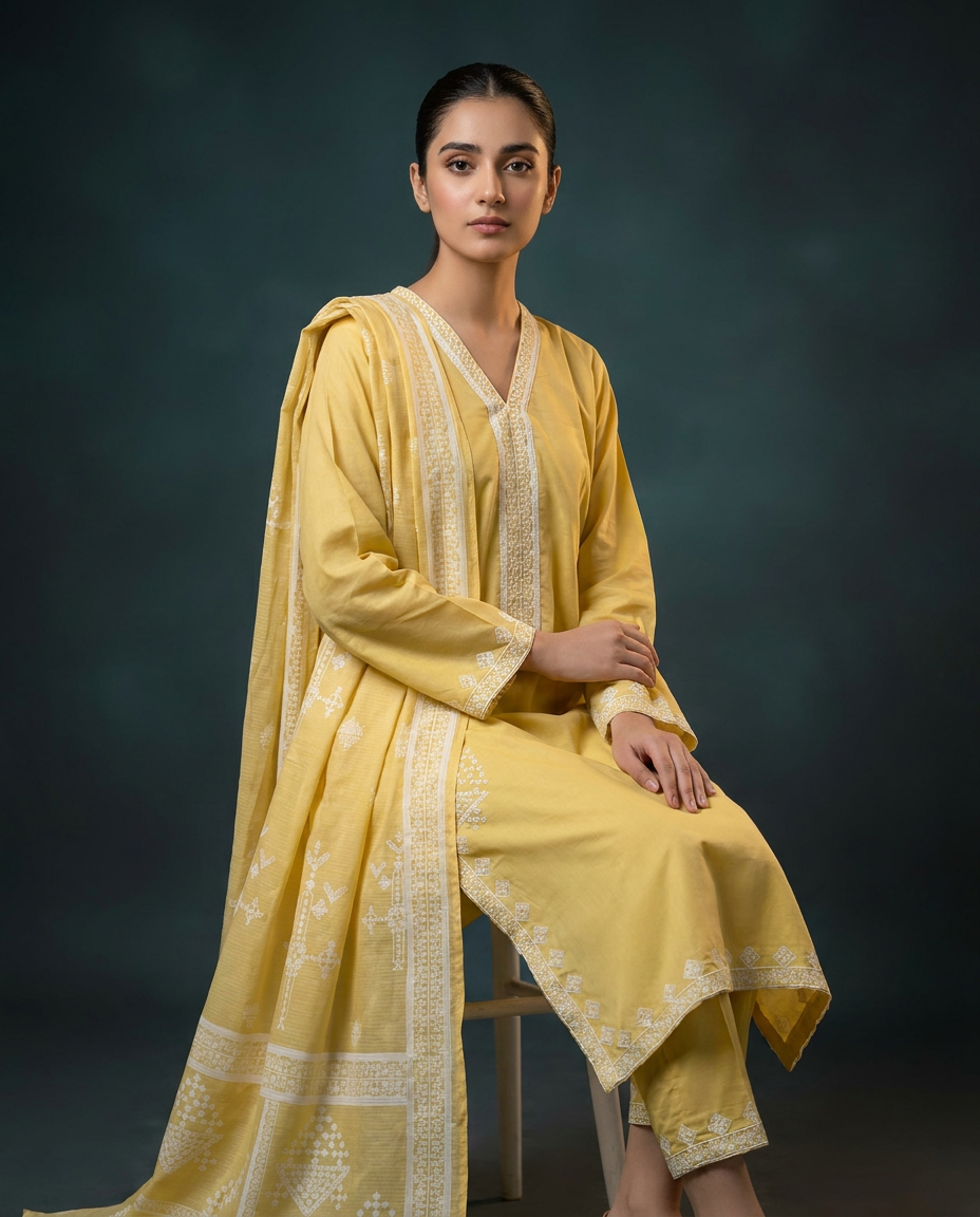 Lemon Zest Embroidered Three-Piece Suit — Embroidered collection at ZR Wears