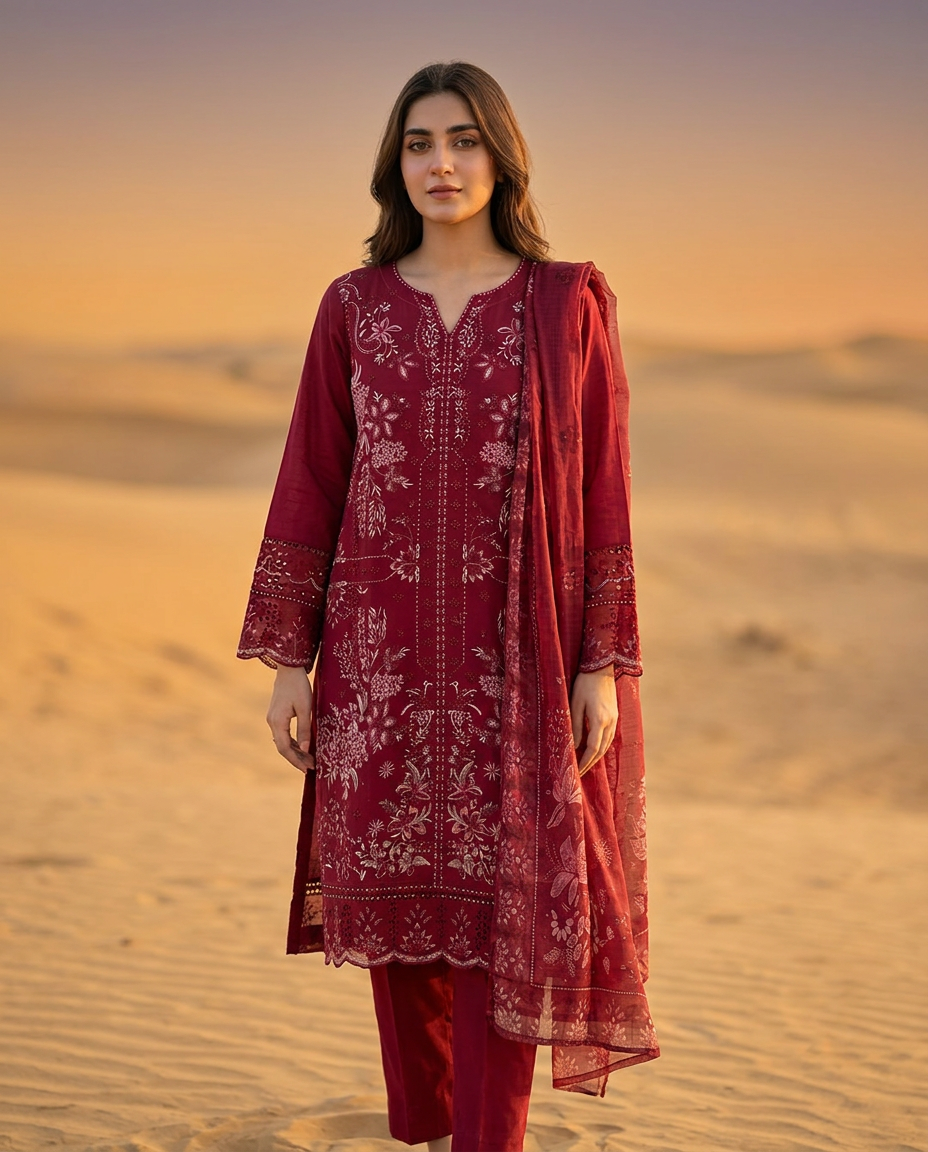 Crimson Embroidered Three-Piece Suit — Embroidered collection at ZR Wears